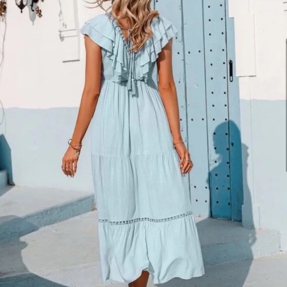 Simplee Tiered Ruffle Lace Inset Flounce Hem Maxi Peasant Dress - Picture 2 of 11